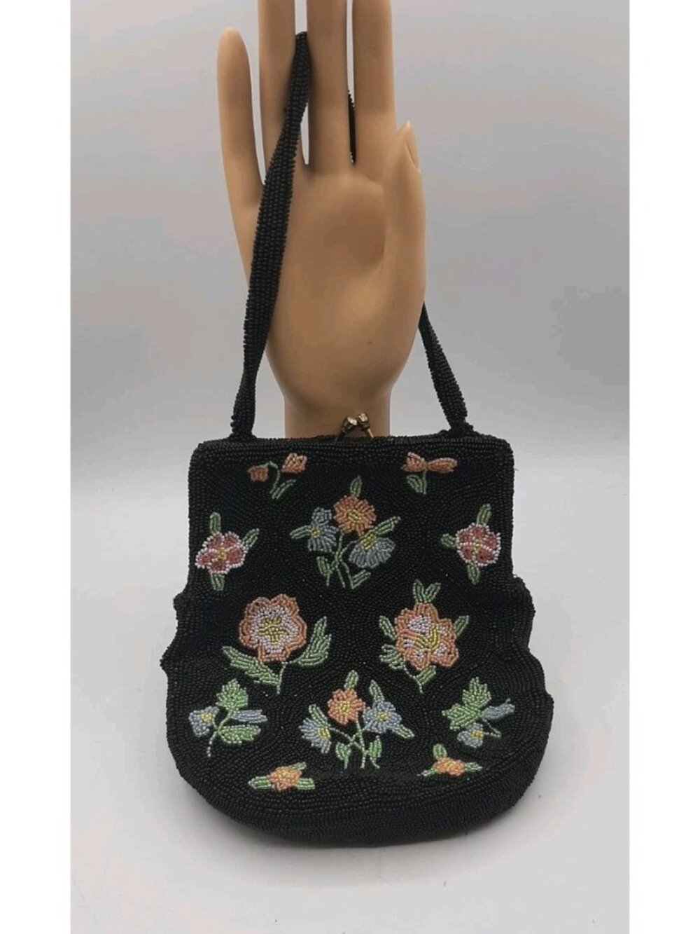 Vintage Black Beaded Wristlet Purse Handbag Hand Beaded Handmade in Belgium